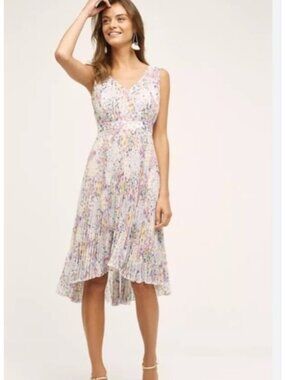 Plenty by Tracy Reese Floral Pleated Dress Sz 6 Sleeveless V-Neck Hi Low ANTHROA